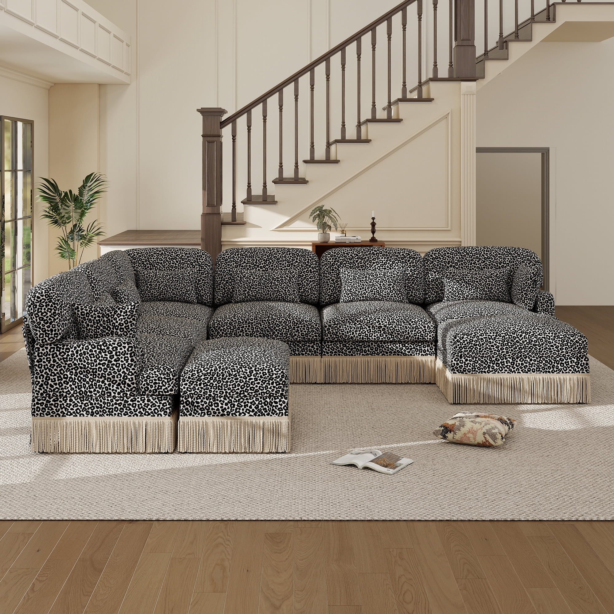 VAZTRLUS Chic Leopard Print Sectional Sofa,Luxurious 8 Seat Oversized Chenille U Shaped Modular Couch with Movable Ottoman, Deep Seat Animal Print Couch with Tassel Trim & Pillows for Living Room
