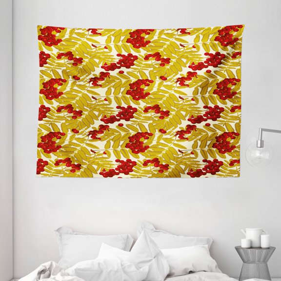 Rowan Tapestry, Juicy Ripe Rowan Fruits with Golden Colored Leafage Tasty Foliage in Wilderness, Wall Hanging for Bedroom Living Room Dorm Decor, 80W X 60L Inches, Gold Red White, by Ambesonne