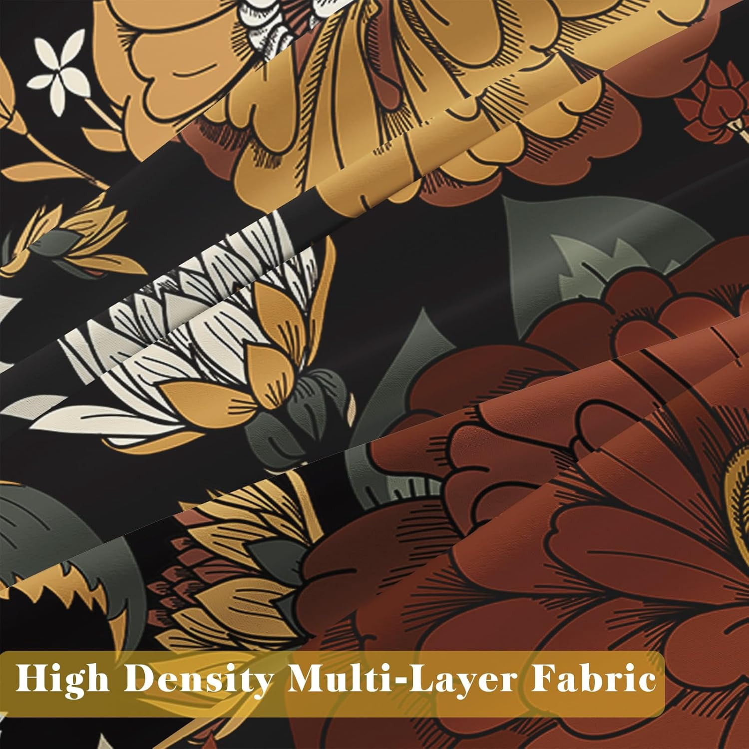 Boho Flower Blackout Curtains for Bedroom Windows, Plant Leaves Print Curtains for Living Room, Black Bohemian Dining Room Curtain Draperies 2 Panel Sets, 52" X 84"