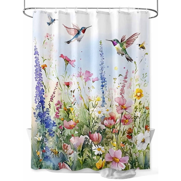 Watercolor Flower Shower Curtain, Hummingbird Hand-painted Flowers Bird Waterproof Shower Curtain Set with 12 Hooks Lightweight Washable Fabric Shower Curtains for Bathroom 72x78 Inches