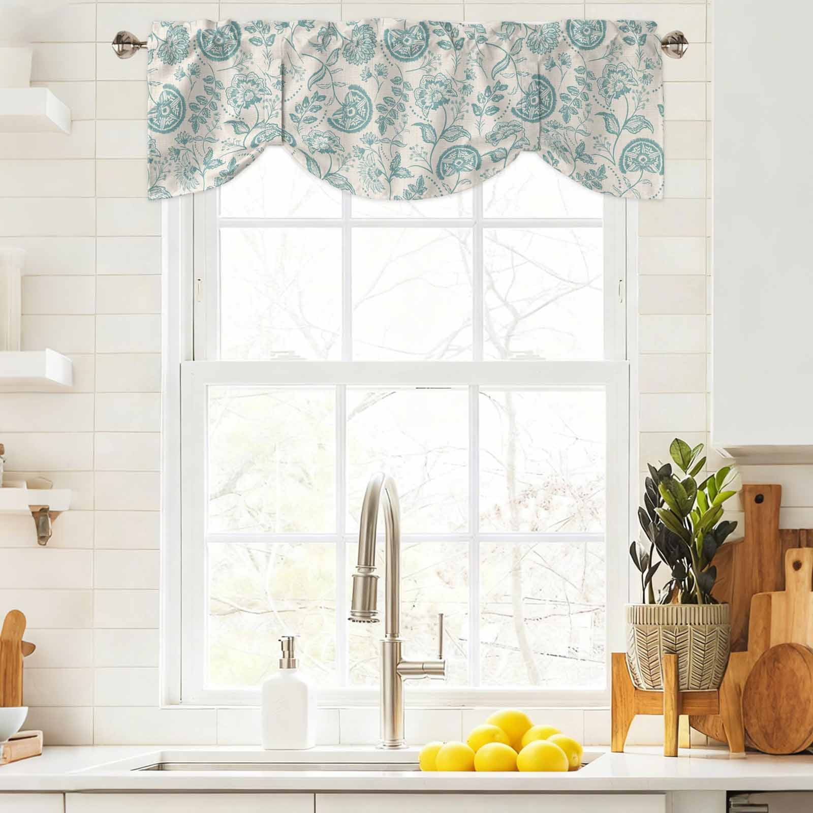 Farmhouse Turquoise Floral Tie Up Valances Curtain, Linen Boho Paisley Flower Rustic Adjustable Rod Pocket Short Window Treatment Tie Up Curtains Valances for Kitchen Living Room 54x18 In
