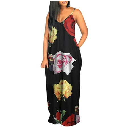 

Women Plus Size Pocket V-Neck Print Sleeveless Loose Sling Long Dress