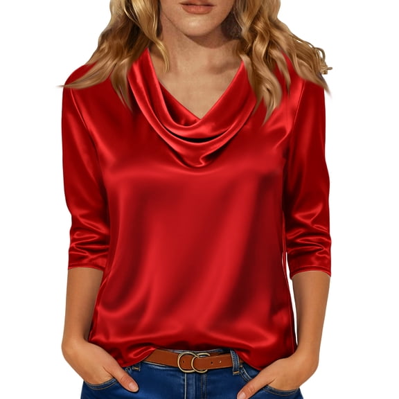 Garbnen Satin Shirt for Women 3/4 Length Sleeve Cowl Neck Tops for Women Spring Summer Fashion Crewneck Women Blouses