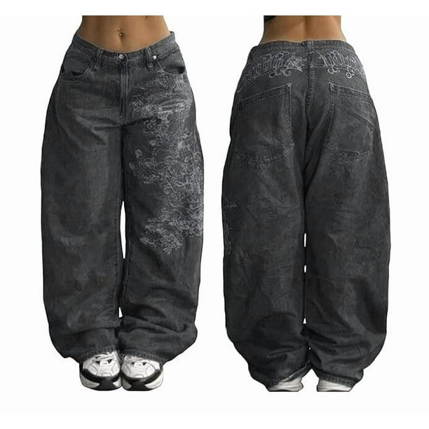 Pantalones vaqueros unisex estilo hip-hop gótico urbano de talle alto y corte holgado con diseños rasgados y bordados for hombre y mujer