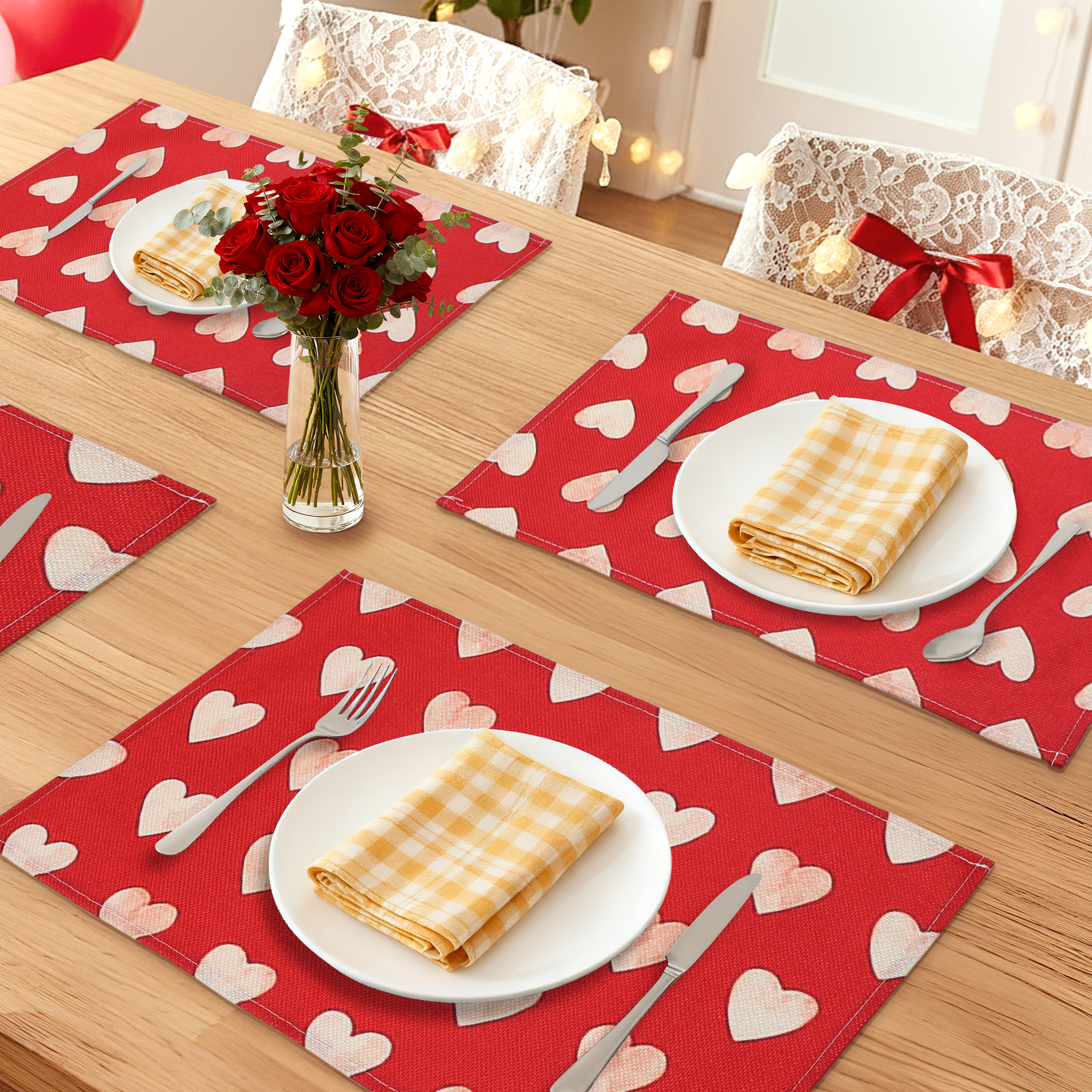 Unique Bargains Set of 6 Love Hearts Placemats for Anniversaries Red/White