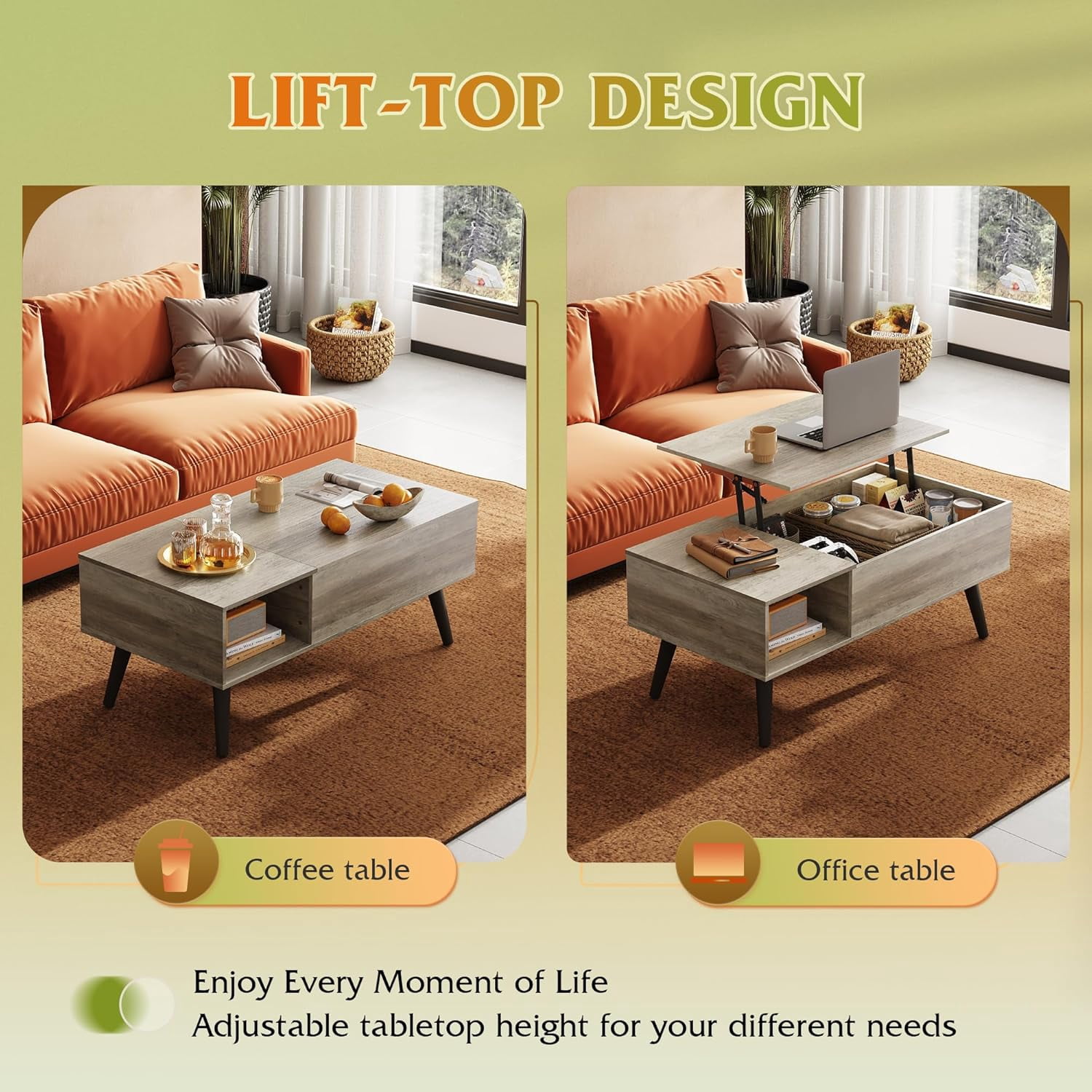 GALAXHERO Lift Top Coffee Table with Storage Small Living Room Table with Storage Shelf & Hidden Compartment Greige