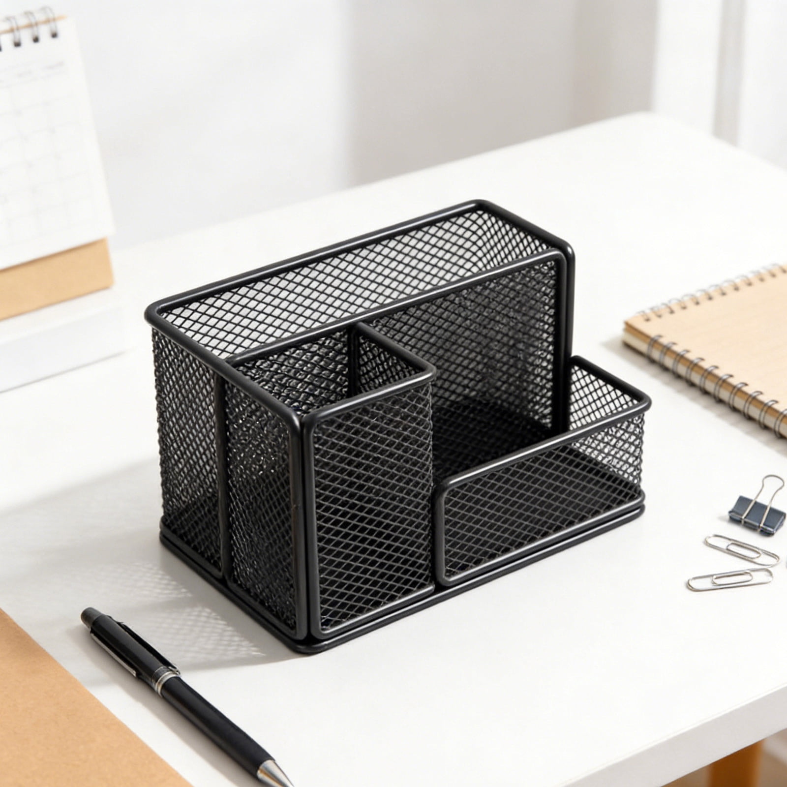 Mesh Pen Pencil Holder Desk Organizer, 3 Compartment Wire Desktop Pen Pencil Cup Caddy Office Supplies Desk Accessories for Home Office, Black