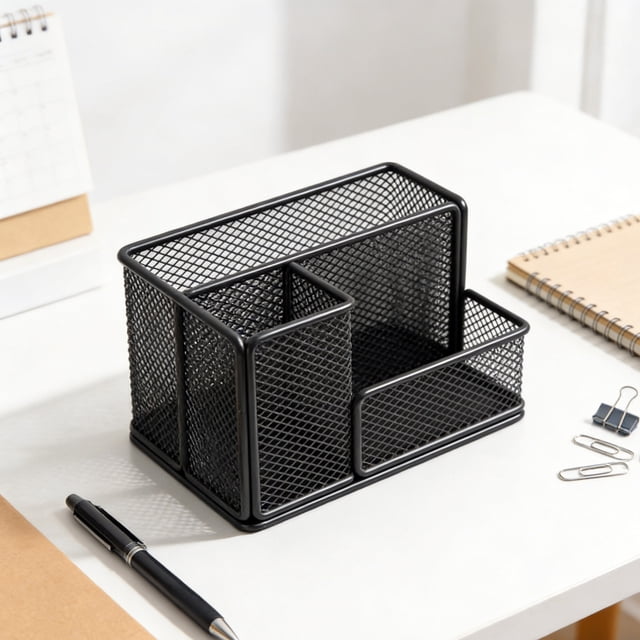 Large Capacity Metal Mesh Pen Organizer, Desktop Storage Basket with Compartments, Office Supply Organizer, 1 Count