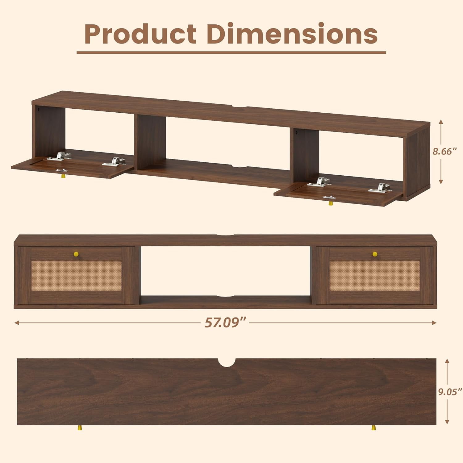 MELLCOM Modern Rattan Floating TV Stand, Entertainment Center for Under TV Storage, Wall-Mounted Floating Stand for TVs, 57 inch, Caramel Oak