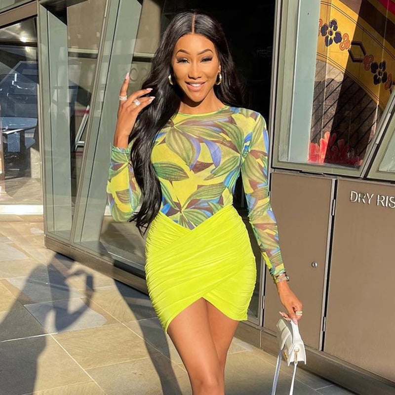 Mesh Bodysuit Ruched Mini Skirts 