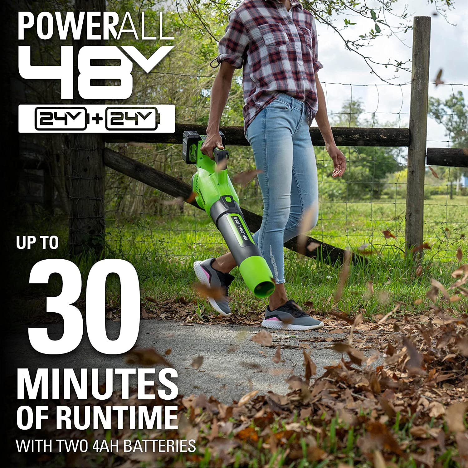 Greenworks 48V (24V x 2) Cordless Brushless Axial Leaf Blower (140 MPH / 585 CFM / 200+ Compatible Tools), (2) 4.0Ah Batteries and Dual Port Rapid Charger Included