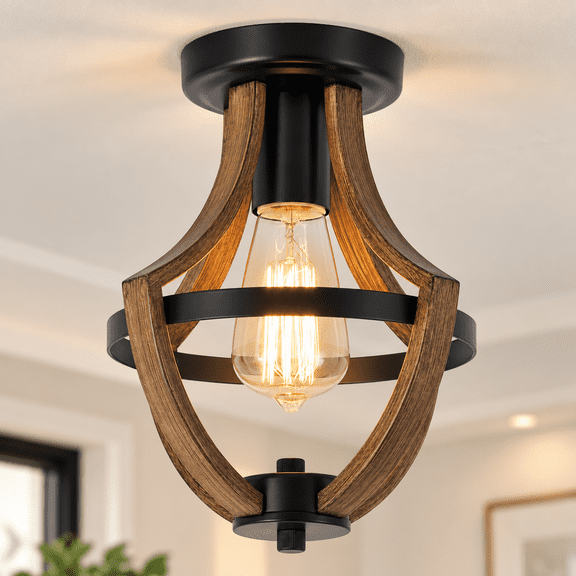 SEEBLEN Farmhouse Ceiling Light Black Metal Cage 1-Light Fixture Faux Wood Grain E26 Socket for Bedroom Kitchen Hallway Entryway Porch