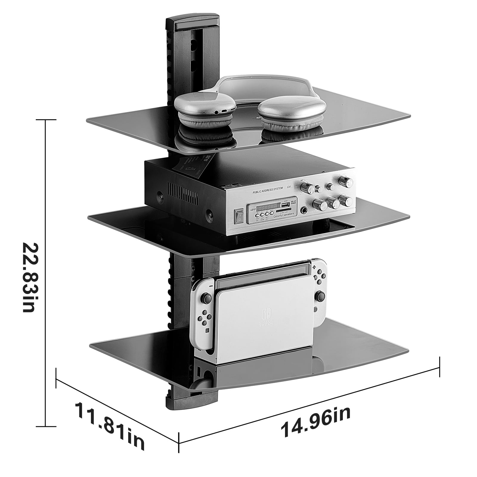 SKYSHALO Glass Wall Shelves, Supports 18 lbs, Shelf TV Wall Mount, Durable Floating Media Console for DVD/PS4/Cable Units/Game Systems/Sky Box/TV Extras-3 Levels