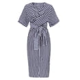 thumbnail image 5 of Henpk Summer Dresses for Women Striped T Shirt Dress Casual Midi Dress Short Sleeve Sundress with Pockets Summer Cotton Blue Striped Bandage Split Long Dress Long Dress Blue XXL, 5 of 9
