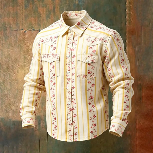 Ceisia Men's Loose Fit Vintage Floral Stripe Print Long Sleeve Cotton Shirt Khaki M Gifts