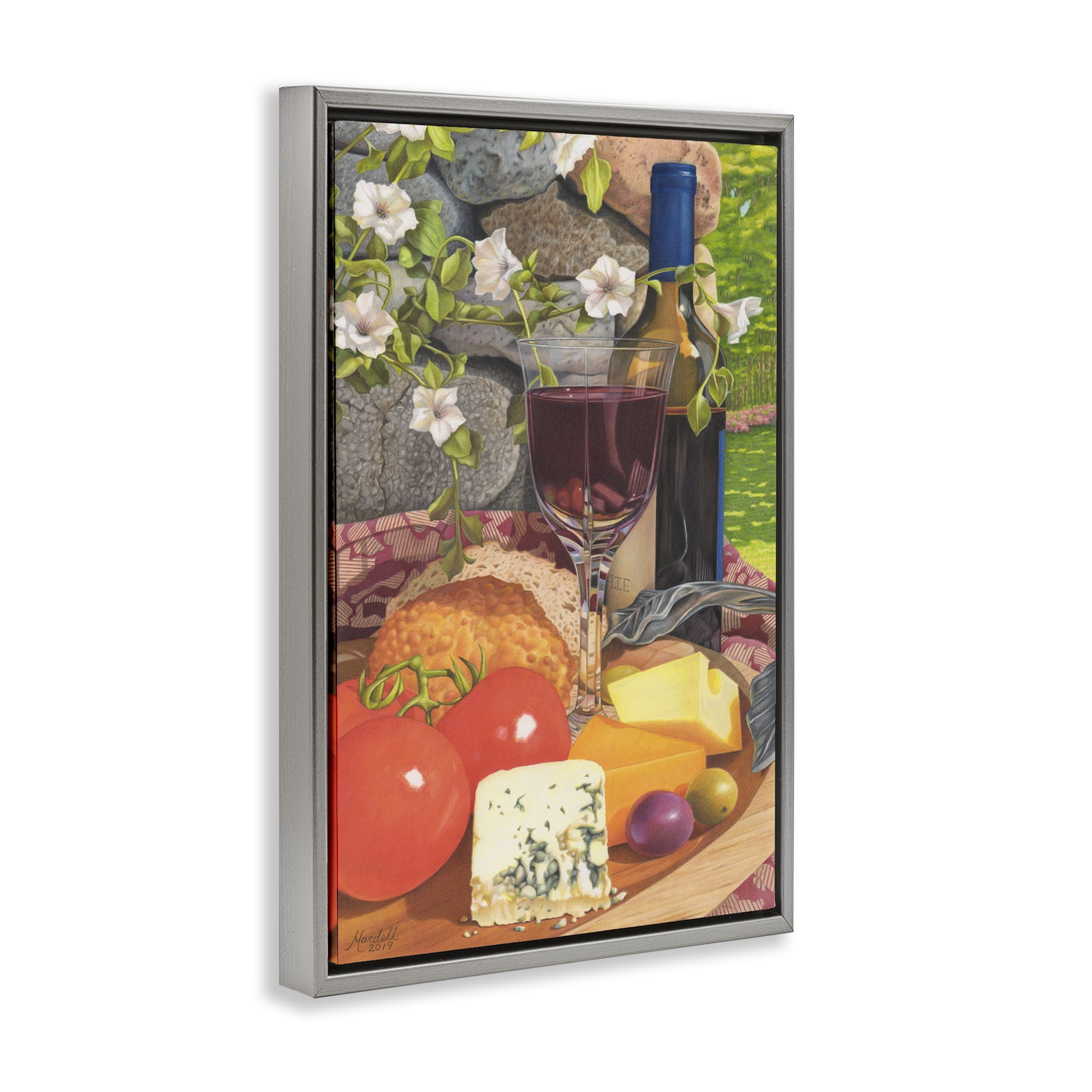 Stupell Industries Wine & Cheese Plate Food & Beverage Painting Gray Floater Framed Art Print Wall Art, 17 x 25