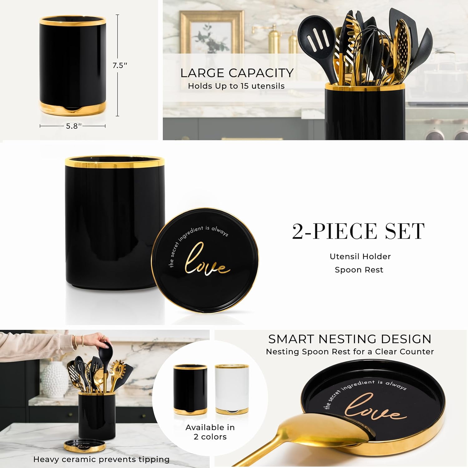 Styled Settings Black and Gold Utensil Holder with Built-in Spoon Rest - 2 PC Large Ceramic Utensil Holder Includes Black & Gold Spoon Rest