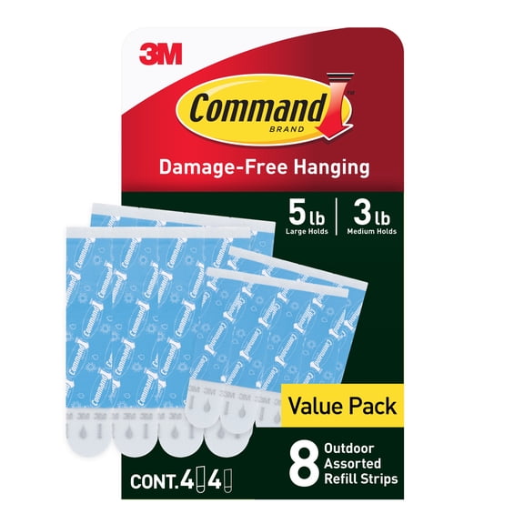 Command Outdoor Replacement Strips, For Wall Hooks, Bathroom, All Weather, 4 Medium, 4 Large Adhesive Strips