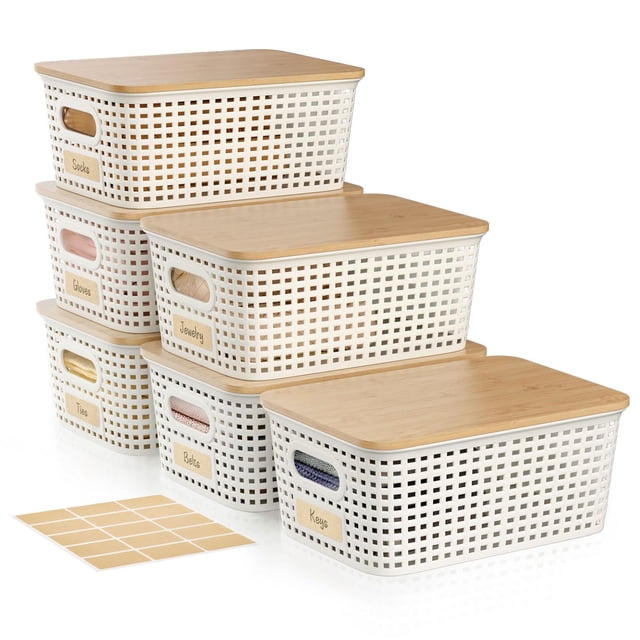 Cubo de almacenamiento Viphope de 5 litros con tapa de bambú, apilable, blanco, paquete de 6