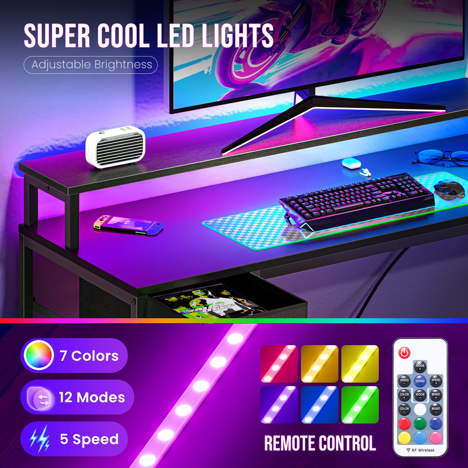 Sweetcrispy 47" L Shaped Computer Gaming Desk with USB Charging Ports & LED Lights, Reversible Corner Table with Power Outlets Monitor Stand for Home Office, Black