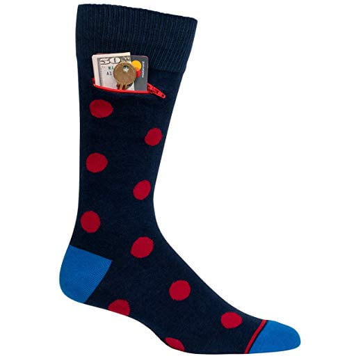 Mens Pocket Socks, Navy with Red Polka Dots, Crew Soft Cotton with