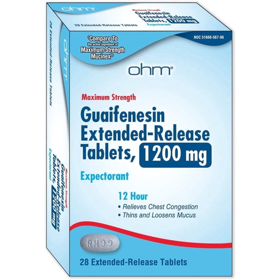 Ohm Guaifenesin 1200mg, Chest Congestion and Mucus Relief (28 Caplets) Extended-Release Maximum Strength Tablets, 12-Hour Expectorant Helps Thin Mucus