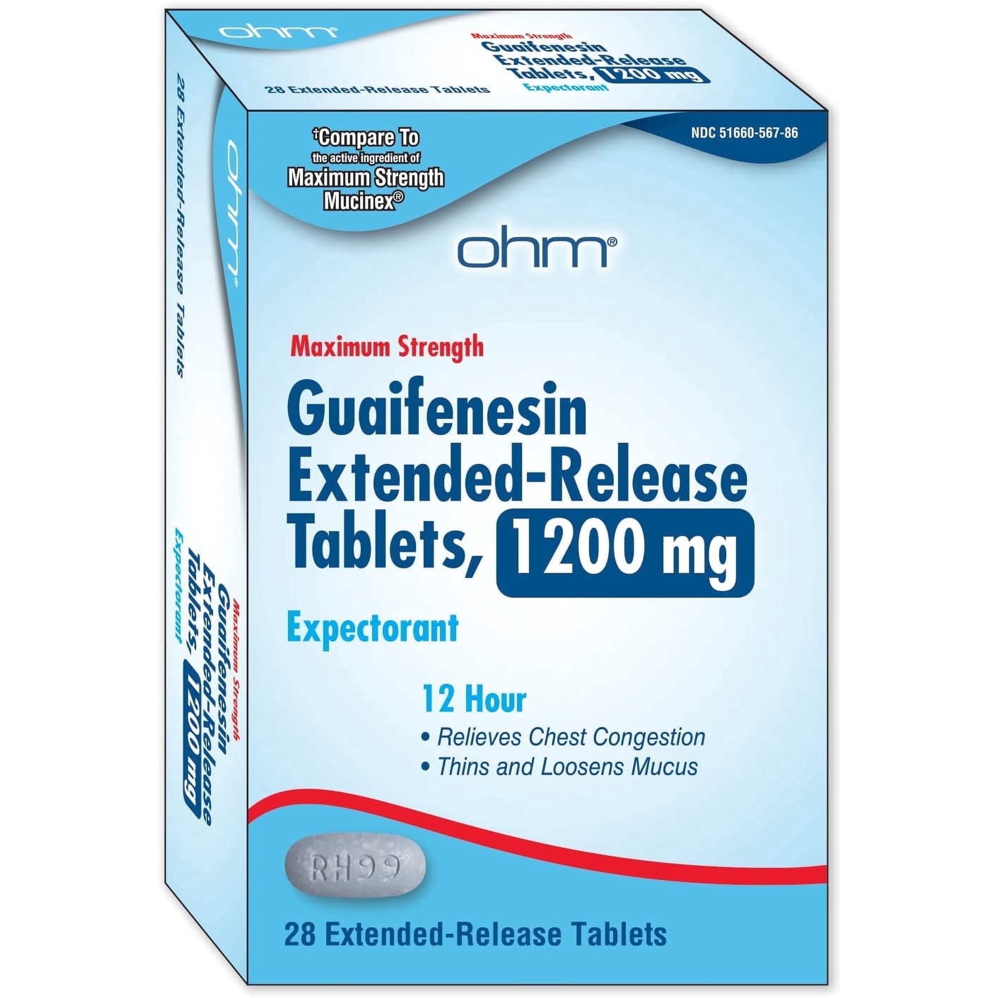 Ohm Guaifenesin 1200mg, Chest Congestion and Mucus Relief (28 Caplets) Extended-Release Maximum Strength Tablets, 12-Hour Expectorant Helps Thin Mucus