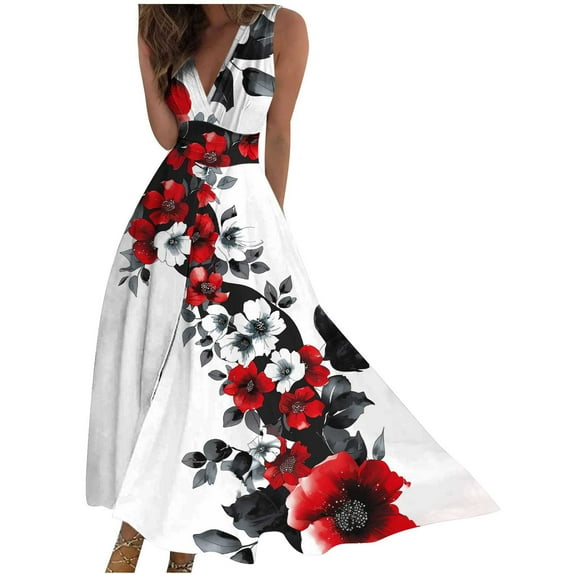 QIPOPIQ Womens Summer Wrap Maxi Dress Casual Boho Floral V Neck Sleeveless Ruffle Hem Beach Long Dresses Summer Clearance
