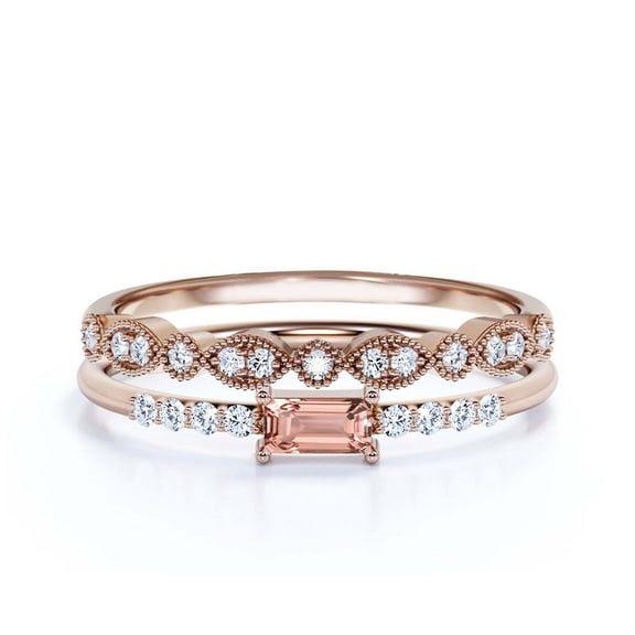 Beautiful Minimalist 1.45 Carat Emerald Cut Morganite And Diamond Moissanite Engagement Ring, Wedding Ring, One Matching Band in Silver With 18k Rose Gold Plating, Gift For Her, Anniversary Ring