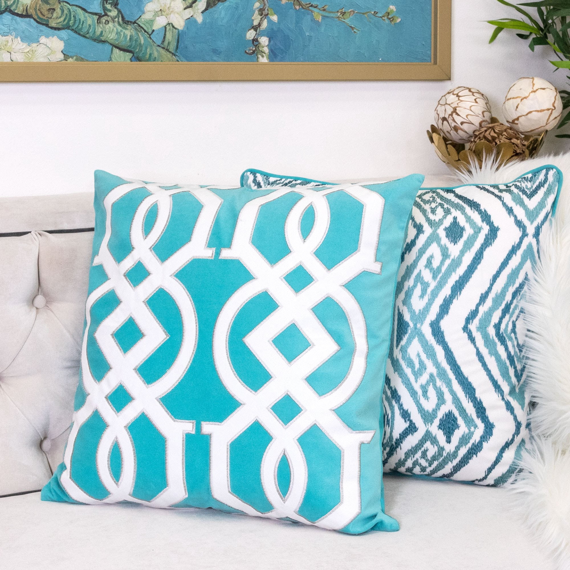 Nandini Turquoise Abstract Polyester 20 in. x 20 in. Throw Pillow (Set of 2)