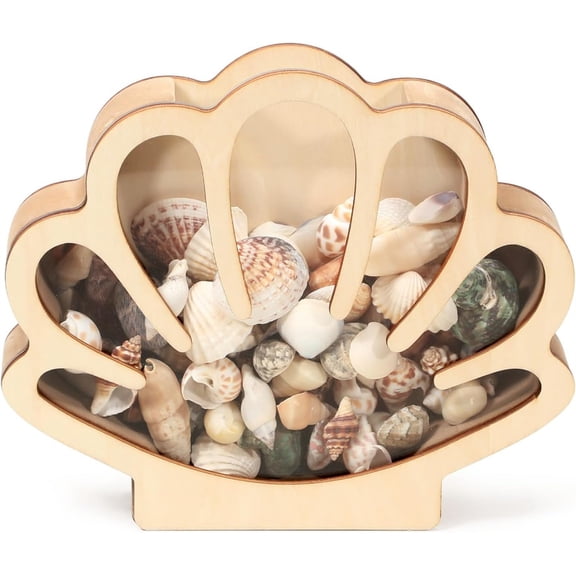 Duslogis Wooden Seashell Display Case with Acrylic Window, Sea Shell Holder, Sea Glass Shark Tooth Starfish Storage Collection Shadow Box, Memory Keepsake Box, Coastal Home and Room Decor