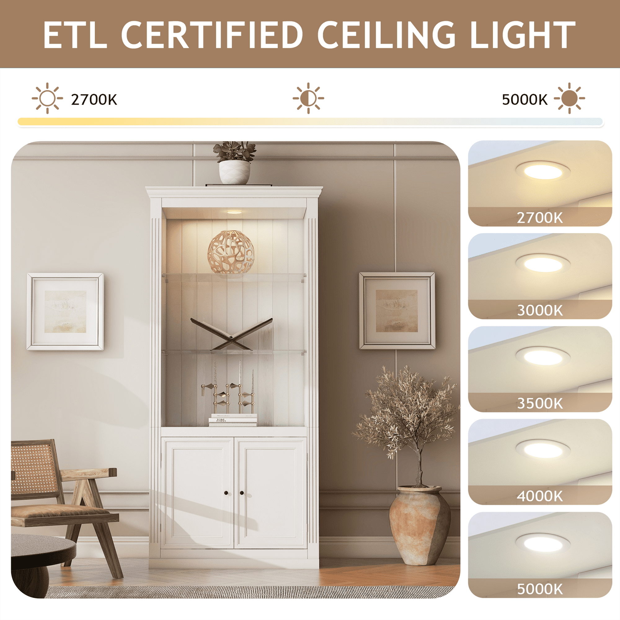 Euroco 78.75''H 4-Tier Display Shelf with 5-Colors Dimmable Ceiling Light, Freestanding Farmhouse Bookcases with Storage & Doors, Bookshelf with Adjustable Glass Shelves
