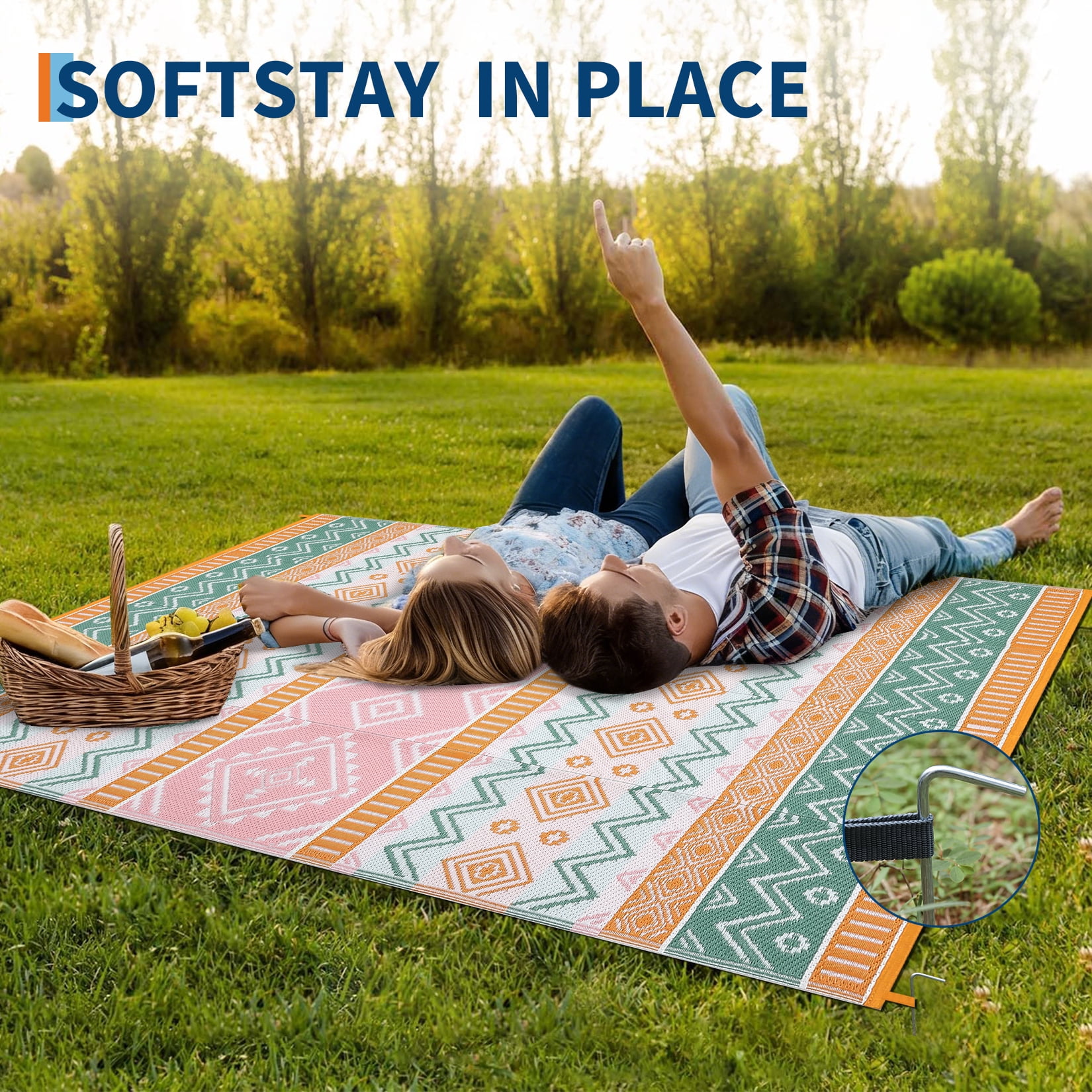 HIWEAVER 8' x 10' Pink/Green Outdoor Rug PP Plastic Straw Woven Waterproof Patio Rug with Border Portable Outside Carpet for Balcony Deck Picnic Garden Decor