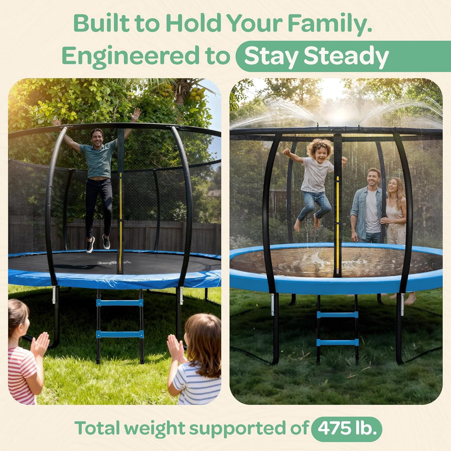 JoyBerri Outdoor Trampoline with Enclosure Net, Ladder, LED Lights & Sprinkler – ASTM Certified Safe, Rust-Resistant Steel Frame – 16FT Size - Blue