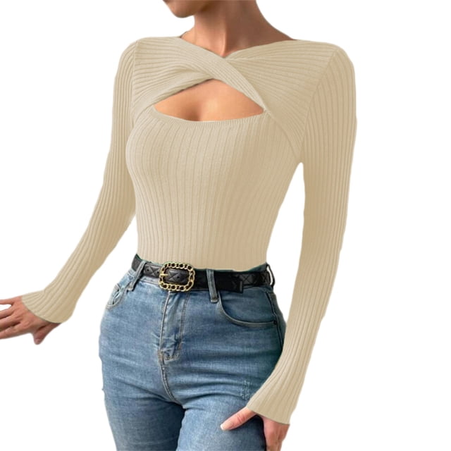 Jerséis de punto acanalado con aberturas y manga larga para mujer: corte ajustado, detalle de abertura en el pecho, poliéster, para fiestas o para el día a día, tallas S-XL