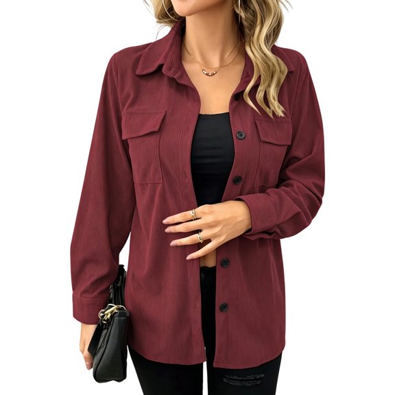 Womens Corduroy Shackets Jacket Plus Size Long Sleeve Button Down Retro Shirts Blouses Tops With Chest Pocket 2XL