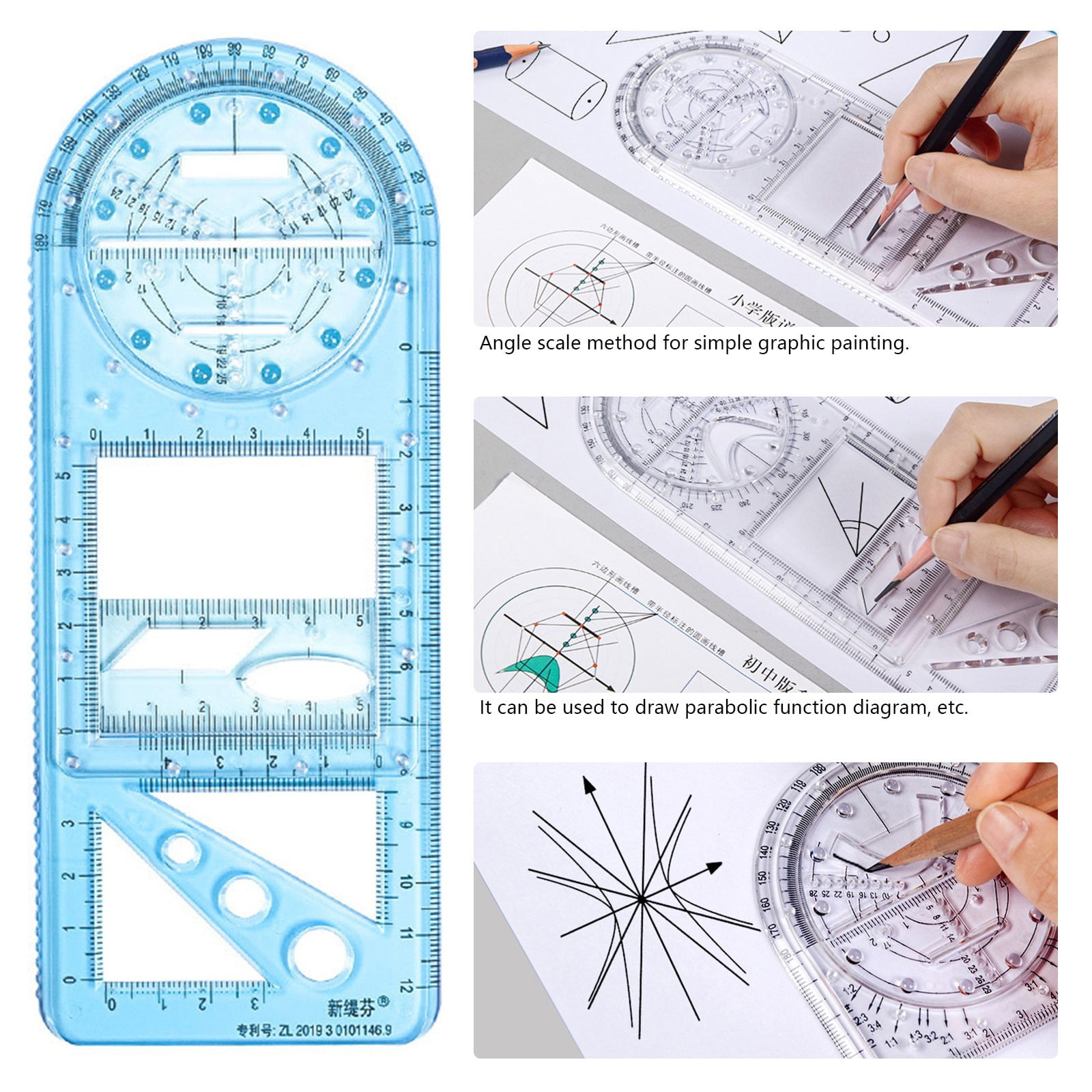 D Multifunctional Geometric Ruler,Drawing Ruler,Geometric Drawing Template Measuring Tool Plastic Draft Rulers for School Office Supplies for School Office Supplies