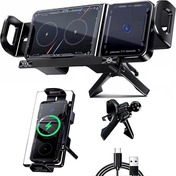 2026 Upgraded 15W Fast Wireless Car Charger, Auto Clamping Air Vent Car Phone Holder with LED Light, Compatible with Smartphone/Pad/Foldable Phone