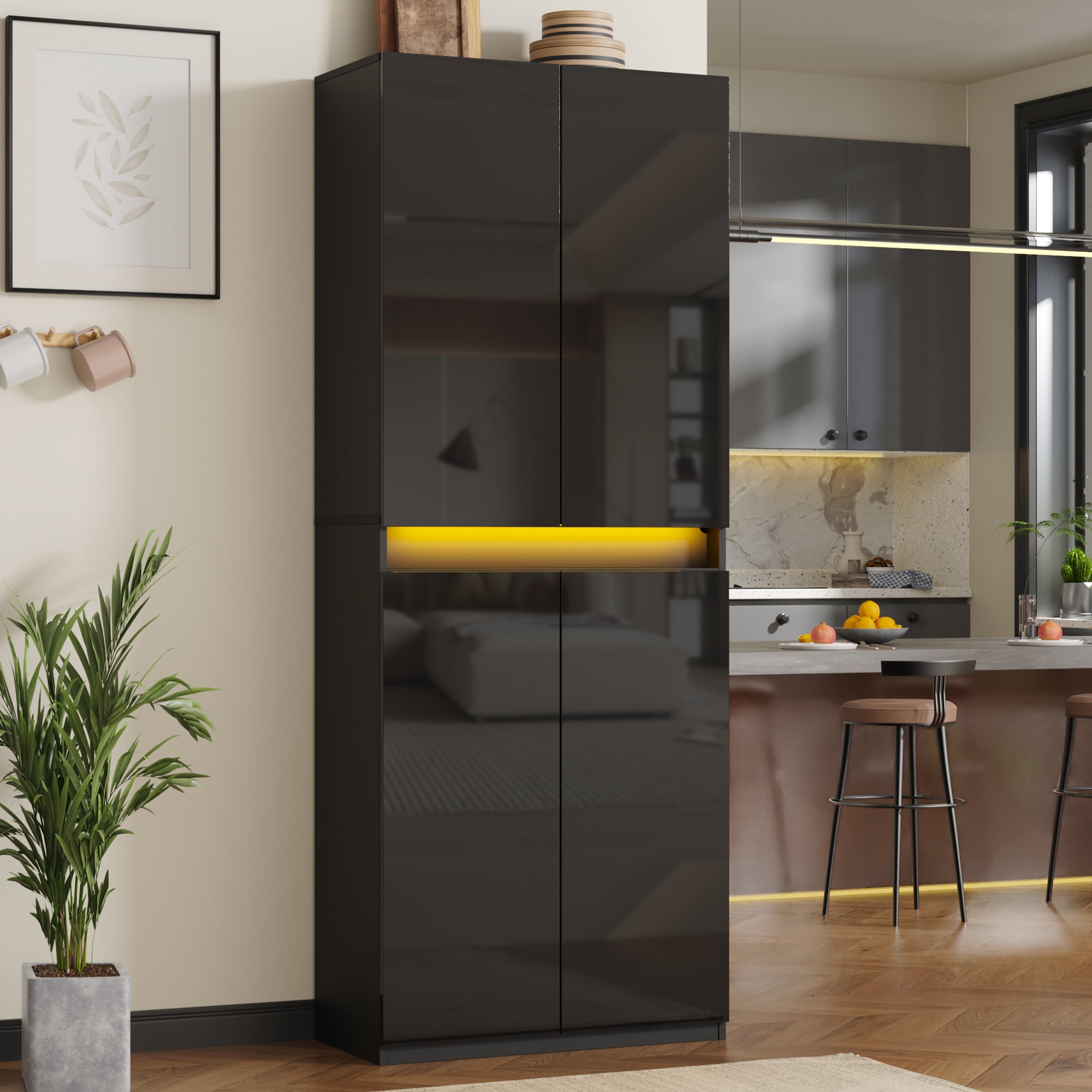 71" Tall Kitchen Pantry, Pantry Storage Cabinet with High Gloss Doors, Modern Buffet Hutch Cabinet with Led Light and Adjustable Shelves for Dining Room, Living Room, Black