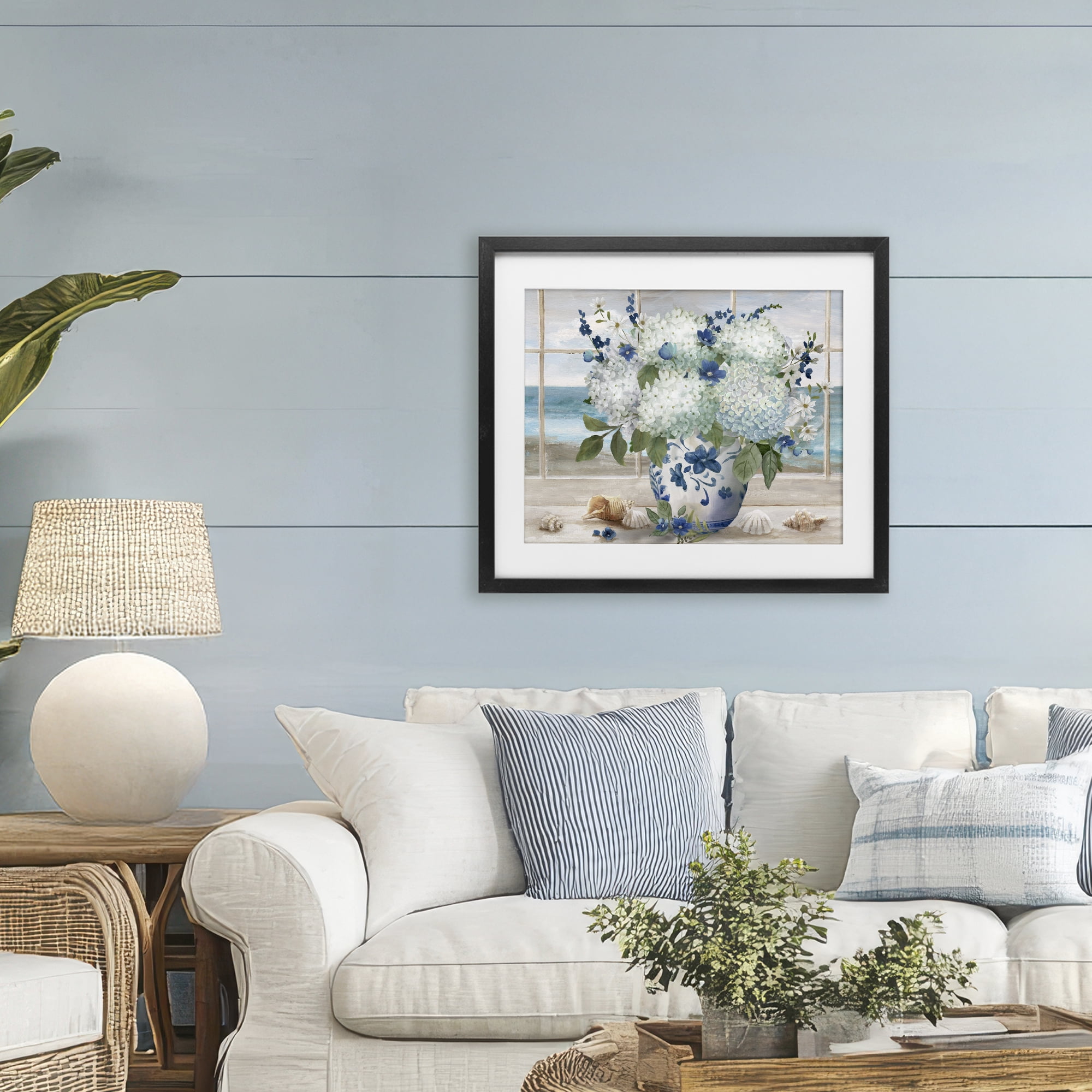 Stupell Industries Seaside Hydrangea Bouquet in Window Black Framed Print Under Glass, design by Nan