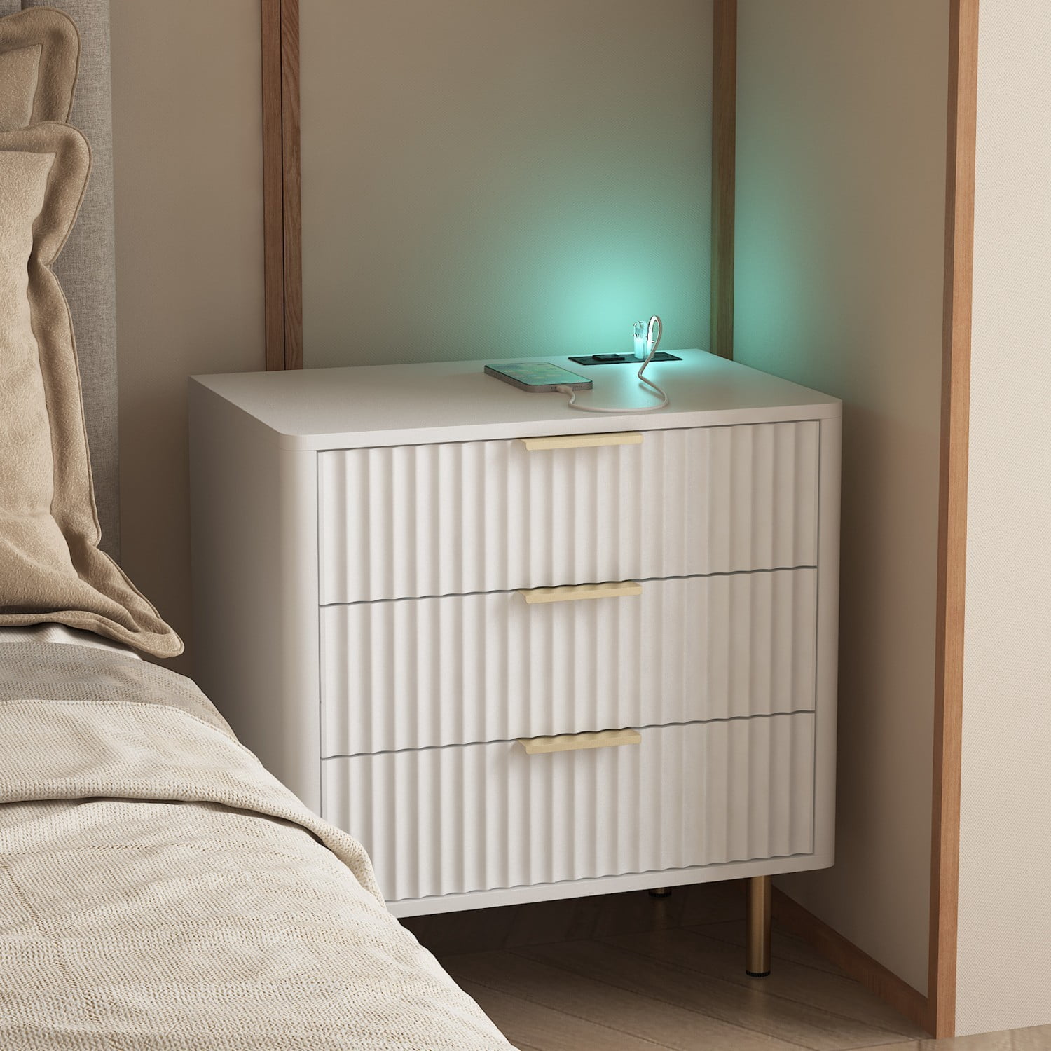 Smart Nightstand with Charging Station and Voice Control Night Light, Modern Bedside Table with Storage Cabinet and Open Shelves, Night Stand for Bedroom, Living Room, White