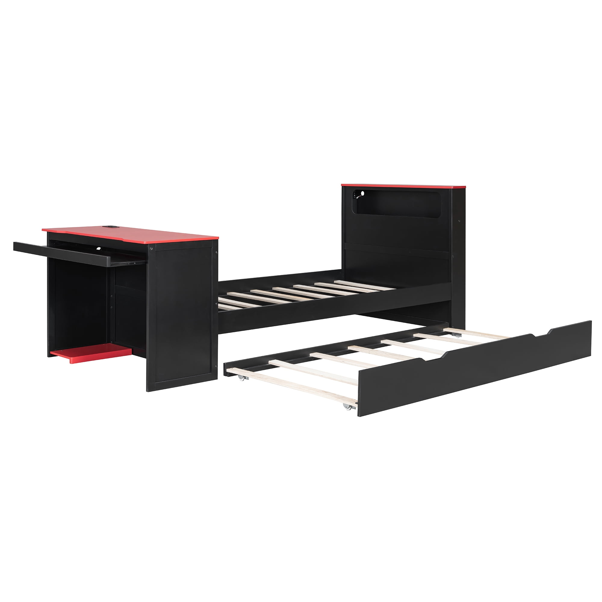 Mintazer Twin Gaming Bed with Charge Station & Lights, Daybed with Desk & Trundle for Home Office, Black & Red