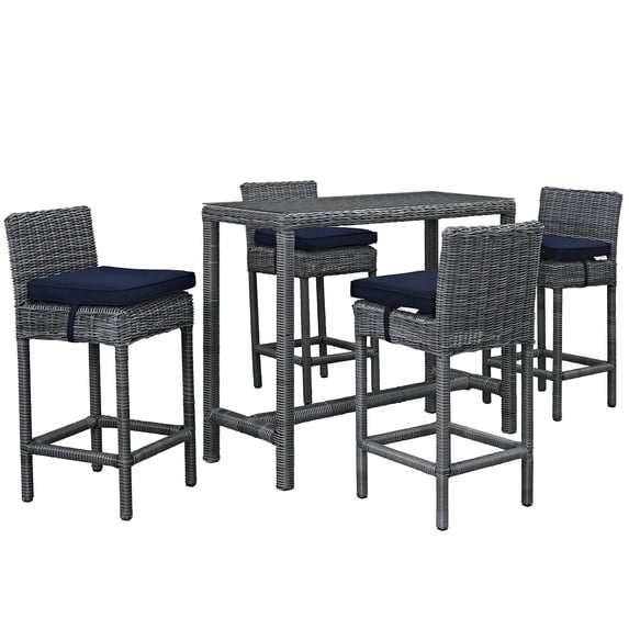 Modern Contemporary Urban Design Outdoor Patio Balcony Five PCS Pub Bar Chairs and Table Set, Navy Blue, Rattan