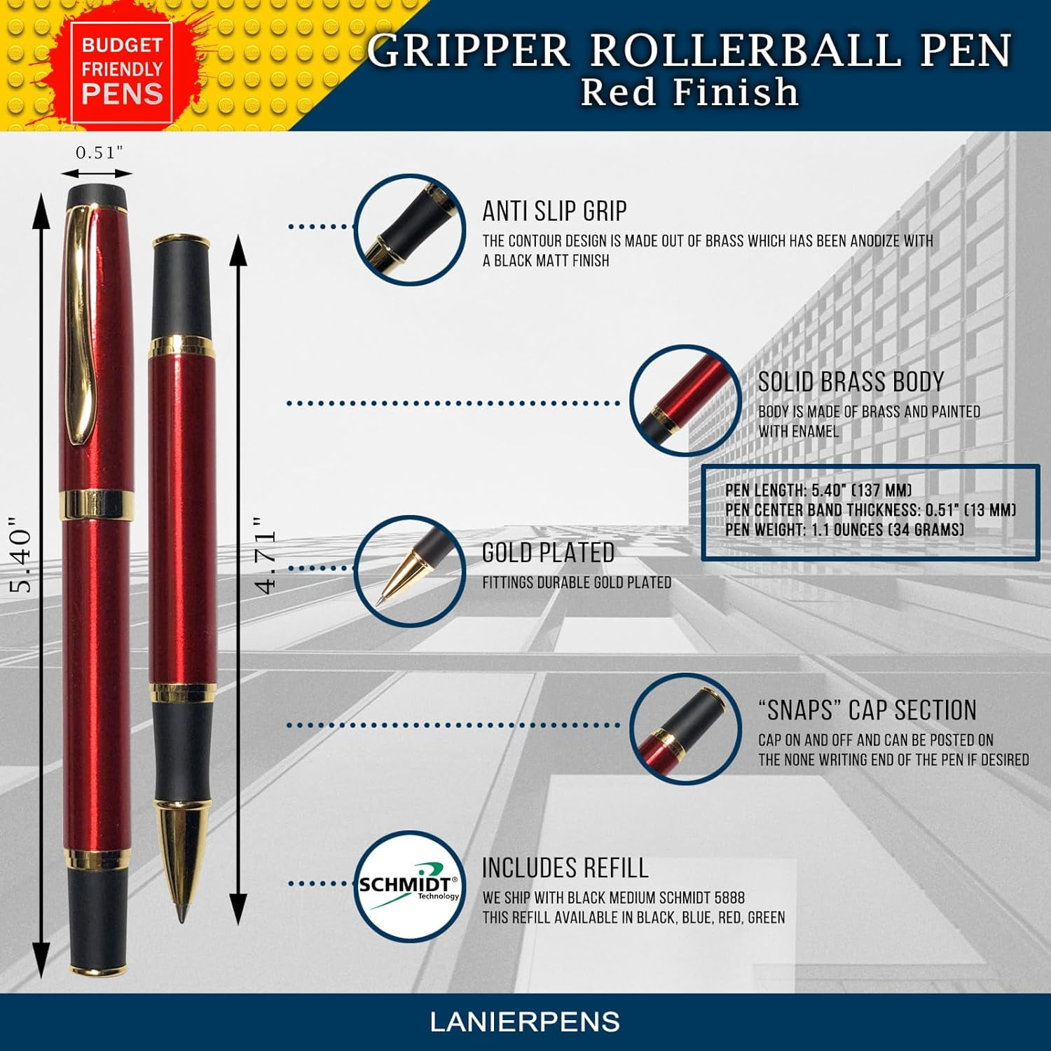Gripper Rollerball Pen - Red with Anti Slip Grip (Budget Friendly Pen)