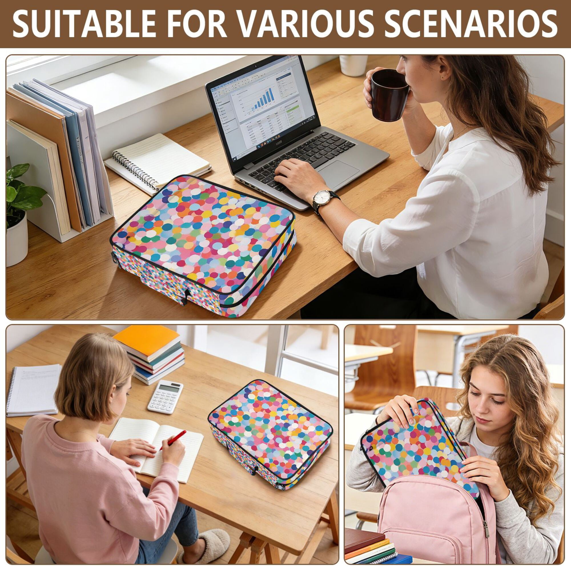 FORMRS Accordion File Folder A4 Size 7-Pocket Expanding Document Organizer Bag with 3 Ring Binder, Yellow Colorful Circles