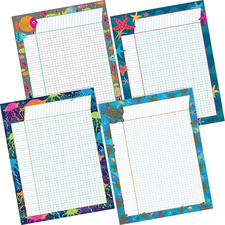 Barker Creek Kai Ola Incentive Chart Set of 4, Four Coordinating Incentive Charts in Colorful Tropical Sea Life Designs, Charts measure 17" x 22" (579)