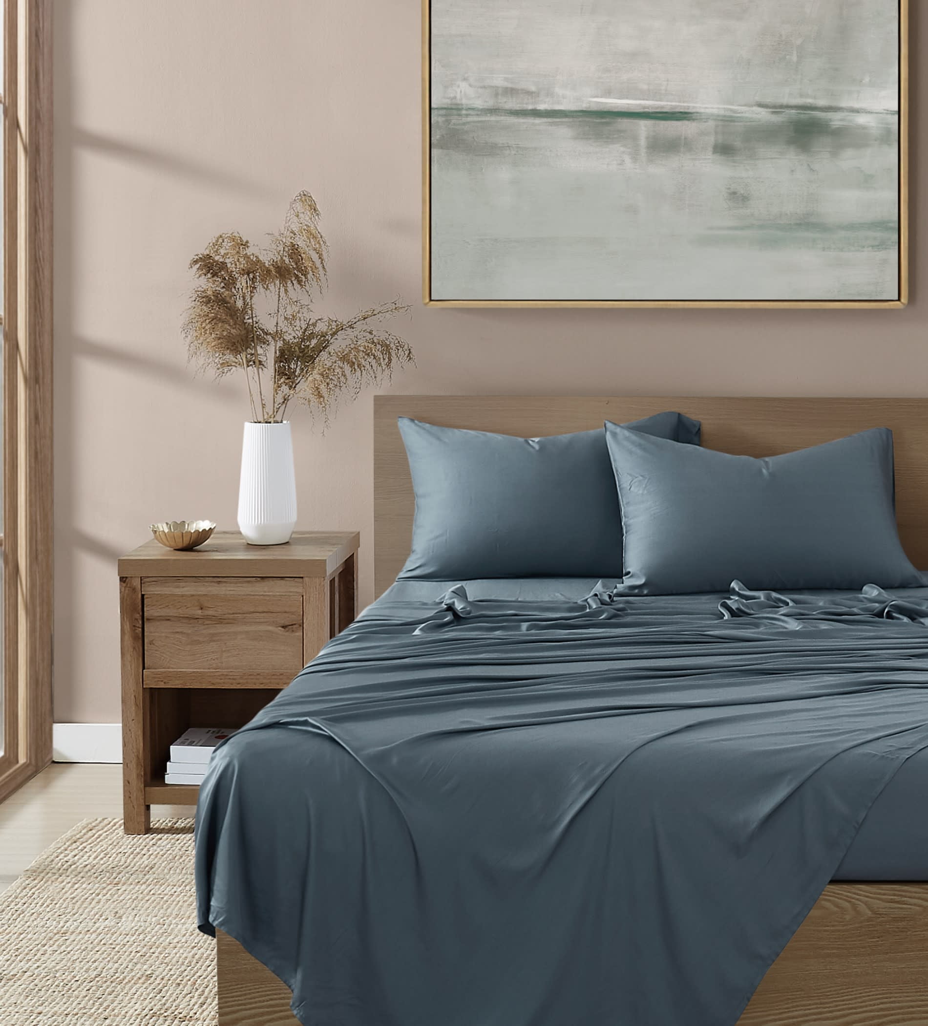 Brooklyn Loom 300 Thread Count Sateen 100% Rayon from Bamboo Deep Pocket 4 Piece Queen Sheet Set in Blue, All Season, Adult Size, OEKO-TEX Certified