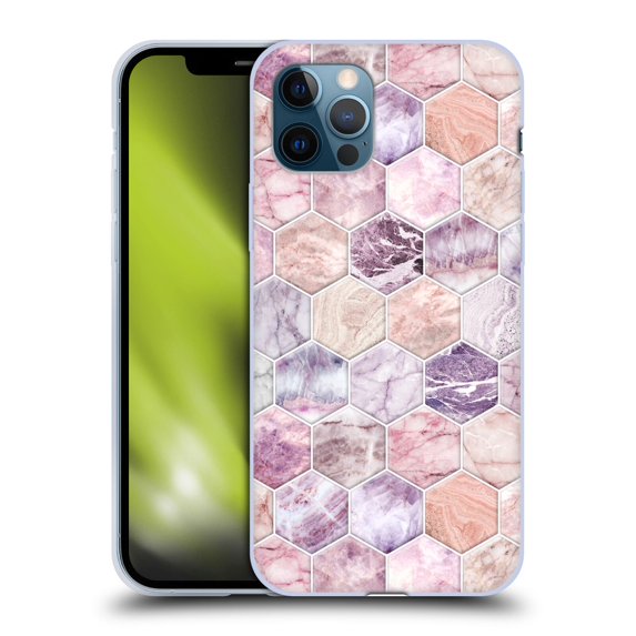 Micklyn Le Feuvre Marble Patterns Rose Quartz And Amethyst Stone And Hexagon Tile Soft Gel Case Compatible with Apple iPhone 12 / iPhone 12 Pro