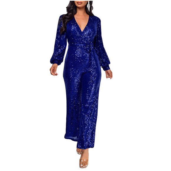 Fall Savings! SROBPTY Womens Casual Jumpsuits, Women's Solid Color High-Waisted Long Sleeve-Neck Off-The-Shoulder Sequin Slim Long Sequin Romper Blue, S