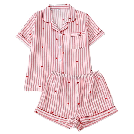 Yuanlong Womens Pajama Set 2Pcs Short Sleeve Shirts + Shorts Red Stripe Heart Print Sleepwear Valentine & Summer Fresh Cozy Loungewear